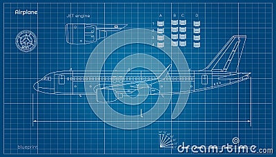 Aircraft in outline style. Blueprint of civil plane. Side view of airplane. Industrial drawing. Jet engine Vector Illustration