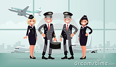 Aircraft personnel. The crew of civil airplane in the airport bu Cartoon Illustration