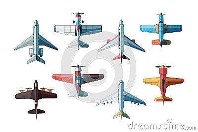 Aircraft top view. Civil and military airplanes collection in flat style vector pictures Vector Illustration
