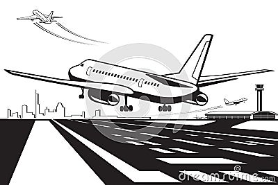 Aircraft touchdown on runway at airport Vector Illustration