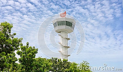 Aircraft traffic control tower of Suvarnnabhumi airpot with many street foreground and blu sky background. February 12, 2017 Editorial Stock Photo