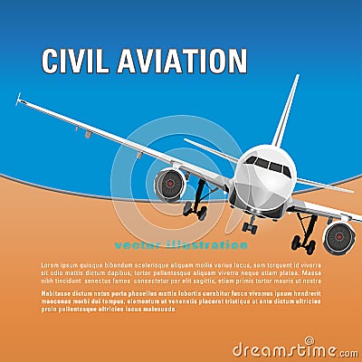 Aircraft vector background. Banner, poster, flyer, card with a flying airplane half-face against the blue sky, and text Vector Illustration