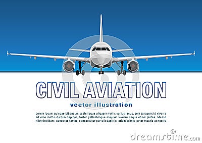 Aircraft vector. Banner, poster, flyer, card from plane against the background of the blue sky and text on a white backdrop Vector Illustration