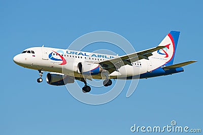 The aircraft A319-112 VP-BTE Ural Airlines airline flies away in the cloudless blue sky Editorial Stock Photo