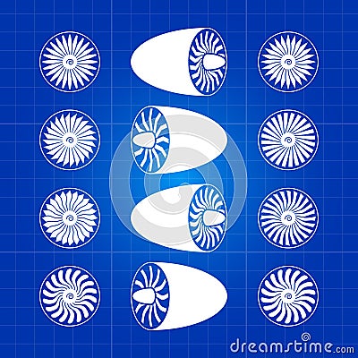Aircraft white engine turbines on blue background Vector Illustration