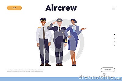 Aircrew service landing page with happy first and second pilot of airliner and air hostess team Vector Illustration