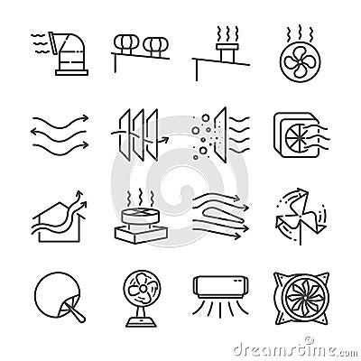 Airflow line icon set. Included the icons as airflow, turbine, fan, air ventilation, Ventilators and more. Vector Illustration