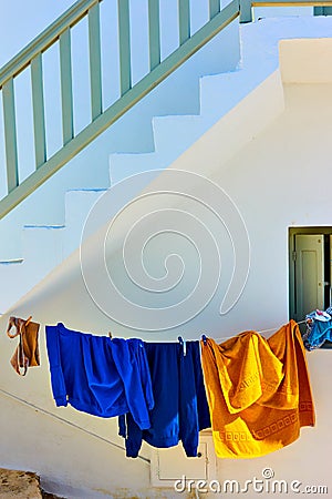 Airing clothes in Mykonos Stock Photo