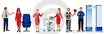 Airline, airport staff team vector illustration. Pilot, stewardess, security officer, flight dispatcher characters set Vector Illustration