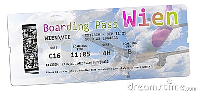 Airline boarding pass tickets to Wien isolated on white - The contents of the image are totally invented Stock Photo