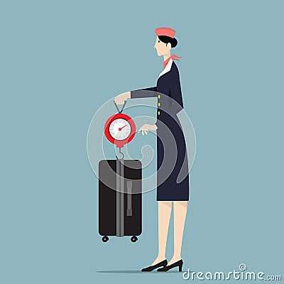 Airline Hostess Weighting Luggage With Scale. Vector Illustration