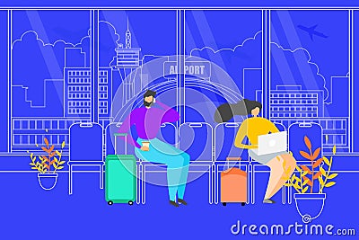 Traveling People Waiting Flight in Airport Vector Vector Illustration