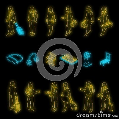 Airline passengers icons set vector neon Vector Illustration