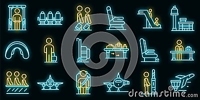 Airline passengers icons set vector neon Vector Illustration