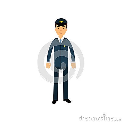 Airline pilot in blue uniform standing with bag, aircraft captain vector Illustration Vector Illustration