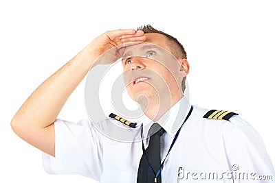 Airline pilot looking upwards Stock Photo