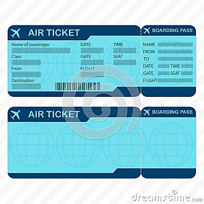 Airline or plane ticket template. Detailed boarding pass blank and airplane ticket. Vector illustration. Vector Illustration
