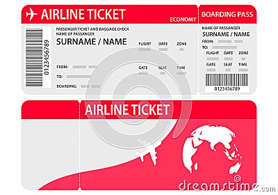 Airline ticket or boarding pass for traveling by plane isolated on white.Plane ticket template. Air economy flight. Red Vector Illustration