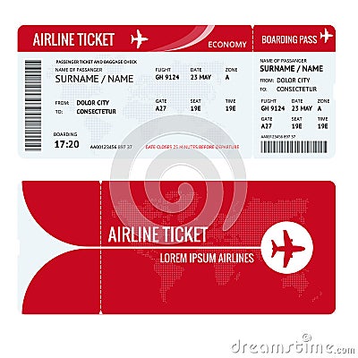 Airline ticket or boarding pass for traveling by plane isolated on white. Vector illustration. Vector Illustration