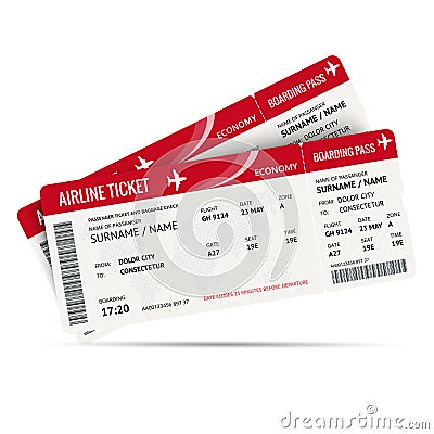 Airline ticket or boarding pass for traveling by plane isolated on white. Vector illustration. Vector Illustration