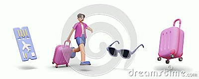 Airline ticket with perforation, suitcase, sunglasses, male character in hurry Vector Illustration