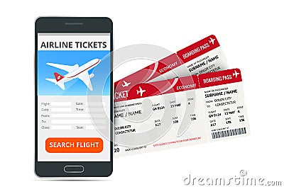 Airline tickets booking online app phone and two boarding passes. Concept of travel, journey or business. Isolated on Vector Illustration