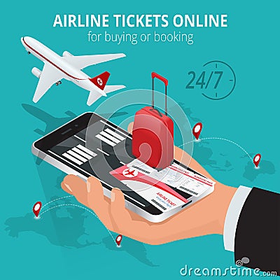 Airline tickets online. Buying or booking Airline tickets. Travel, business flights worldwide. Online app for tickets Vector Illustration