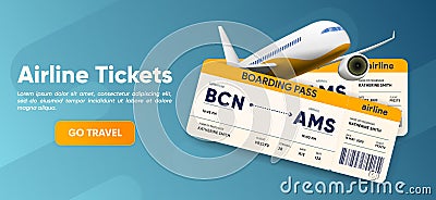 Airline tickets web banner. Plane and boarding pass. Traveling service homepage. Tourism website. Book jet passes online Vector Illustration
