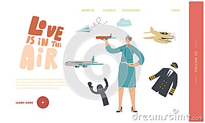 Airline Transportation Service Landing Page Template. Stewardess Character Wear Uniform Holding Airplane Vector Illustration