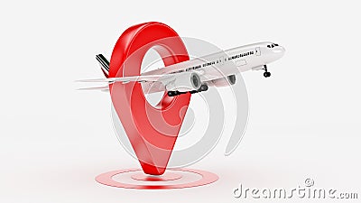 Airline travel concept. Airport pointer. Airplane and pin isolated on white. Stock Photo