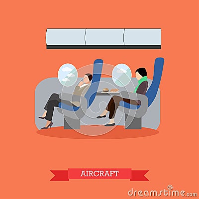 Airline travel passengers concept vector banner. People in airplane. Aircraft transport interior Vector Illustration