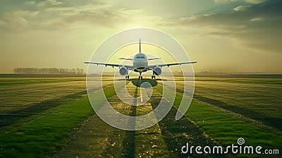 Airliner above a green field. Stock Photo
