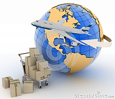 Airliner with earth and boxes on a freight light cart Stock Photo