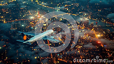 Airliner flies low over lights of night city Stock Photo