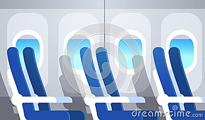 Airliner passenger seats row with portholes empty no people airplane board interior flat horizontal Vector Illustration