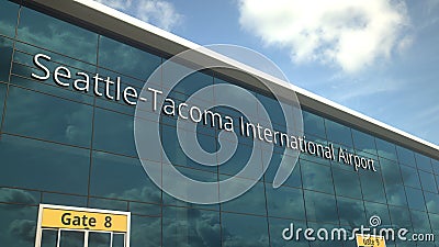Commercial plane landing reflecting in the windows with Seattle-Tacoma International Airport text. 3d rendering Editorial Stock Photo