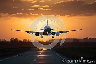 airliner soars high in the sky. The warm colors of the sky complement the sleek design of the airplane, creating a Stock Photo