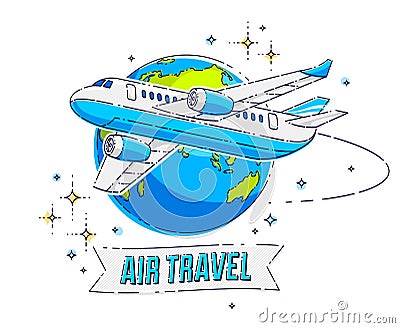 Airlines air travel emblem or illustration with plane airliner, planet earth and ribbon with typing. Beautiful thin line vector Vector Illustration