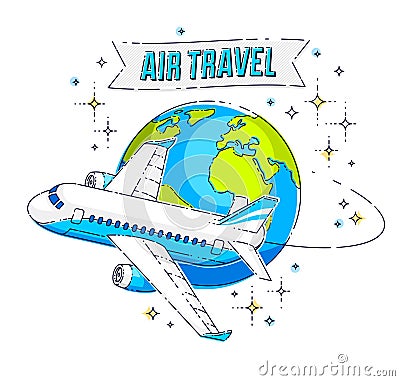 Airlines air travel emblem or illustration with plane airliner, planet earth and ribbon with typing. Beautiful thin line vector Vector Illustration