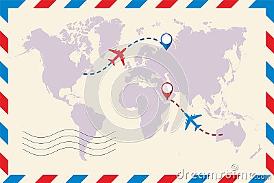 Airmail envelope. The plane and its track on the world map. Travel to World. Hand drawn plane and its track on the world map. The Vector Illustration