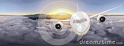 Airplaine passenger fly over sunset sky and cloudy Stock Photo