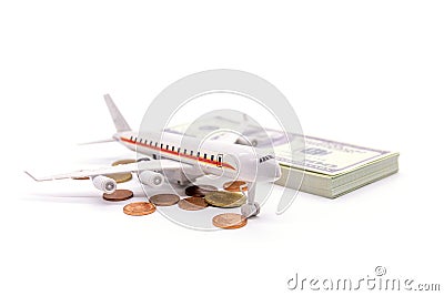 Airplan and Dollar isolated on white background Stock Photo