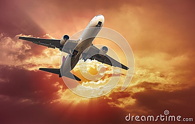 Airpland take off at sunset evening. Business airline concept,Travel airline concept. Stock Photo