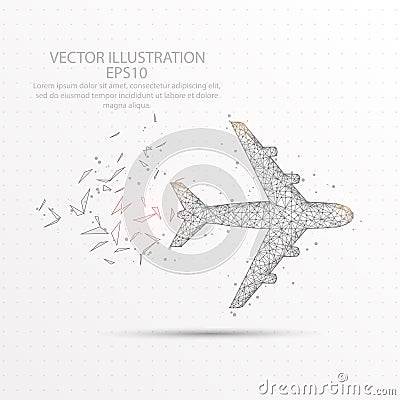 Airplane low poly wire frame on white background. Vector Illustration