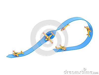 Illustration of aerobatics half loop with a half roll with yellow airplane model over blue arrow on white background Stock Photo