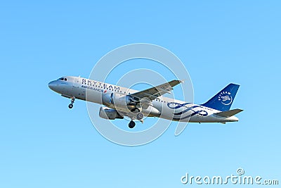 Airplane Air France F-GFKY Airbus A320-200 is taking off at Schiphol airport. Editorial Stock Photo