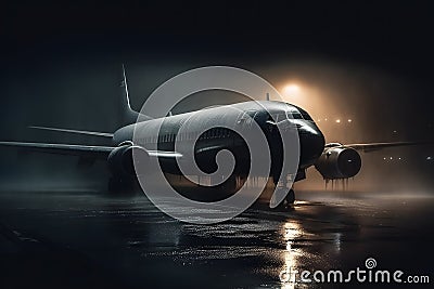 Airplane at the airport at night in the rain. Neural network AI generated Stock Photo