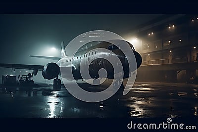 Airplane at the airport at night in the rain. Neural network AI generated Stock Photo