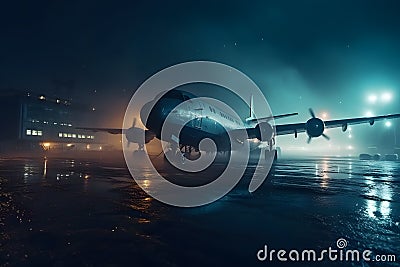 Airplane at the airport at night in the rain. Neural network AI generated Stock Photo