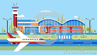 Airplane, airstrip, big airport for flights, travel, business travel in flat style Vector Illustration